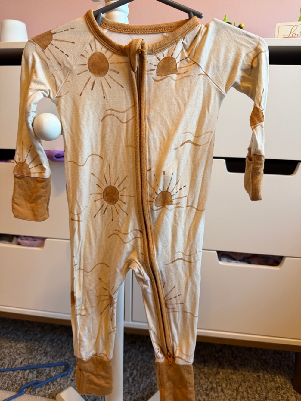 Sun Pattern Beige Baby Footie Romper with Zipper